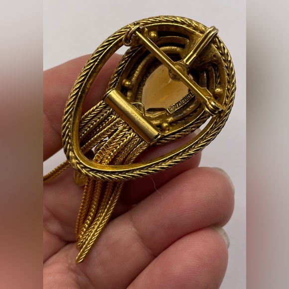 Vintage Signed Florenza Gold Tone Etruscan Revival Brooch Pin Topaz Crystal - Picture 3 of 11